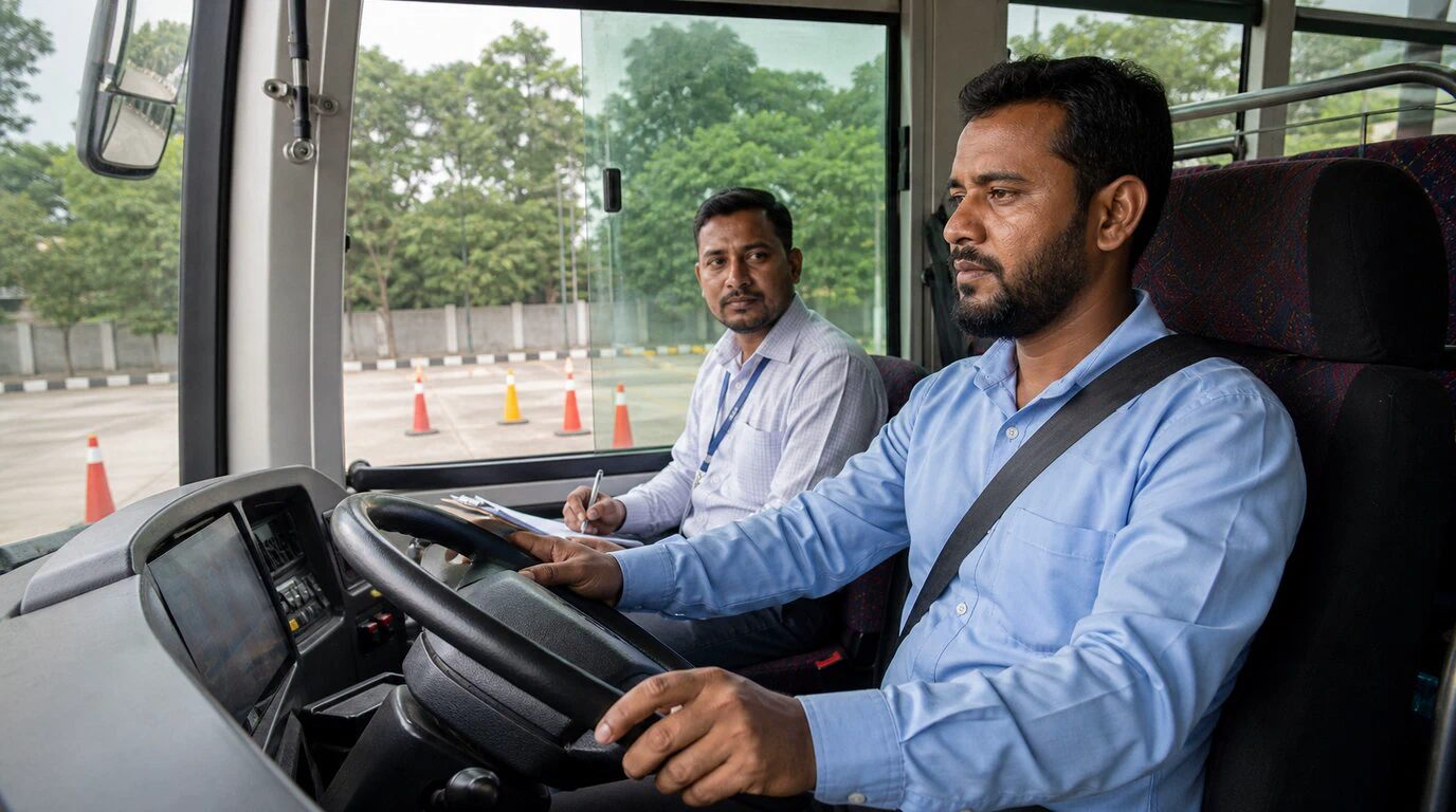 Bangladeshi professional driver completing a supervised vehicle safety check