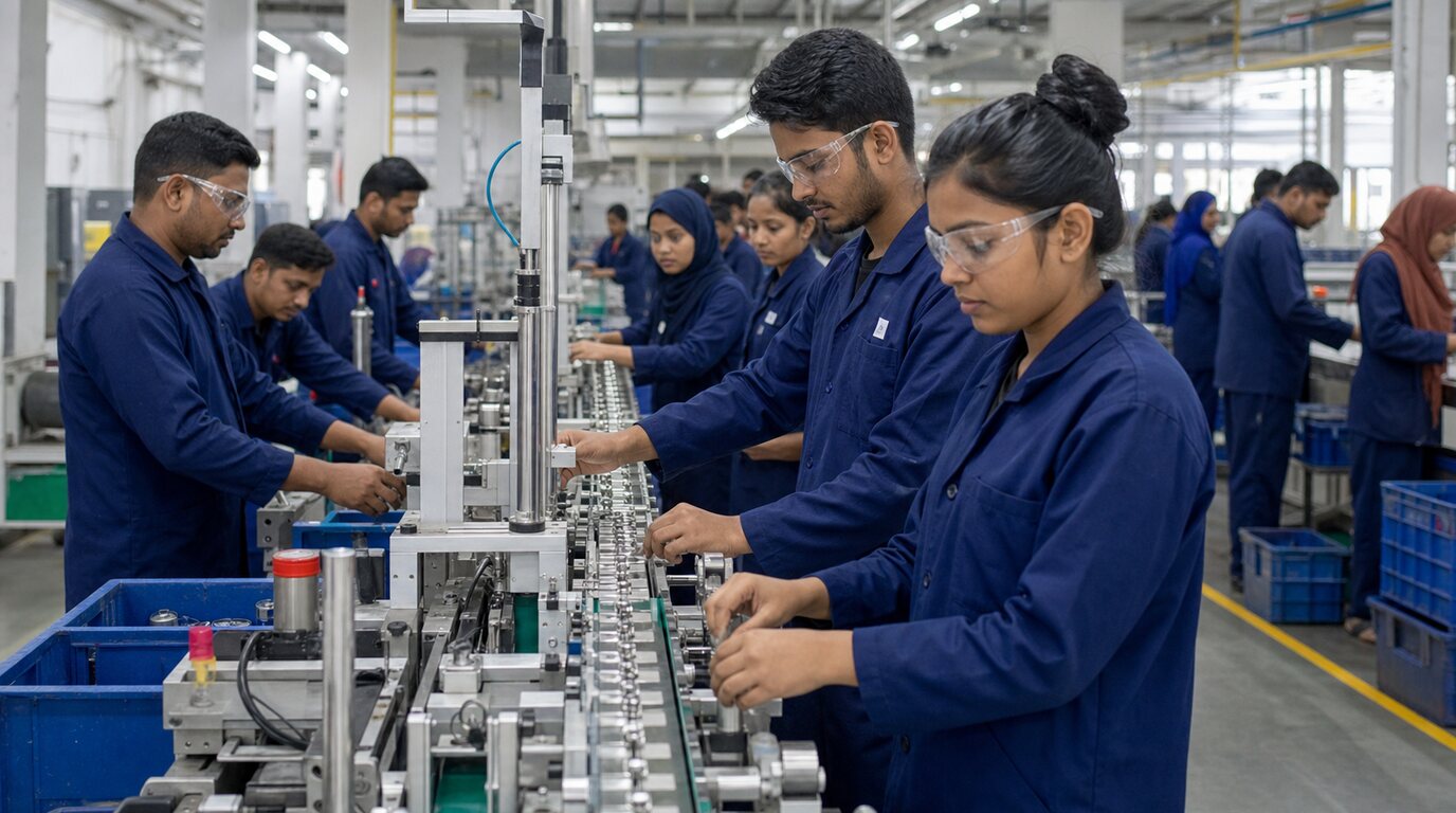 Bangladeshi factory workers completing a supervised production-line quality check